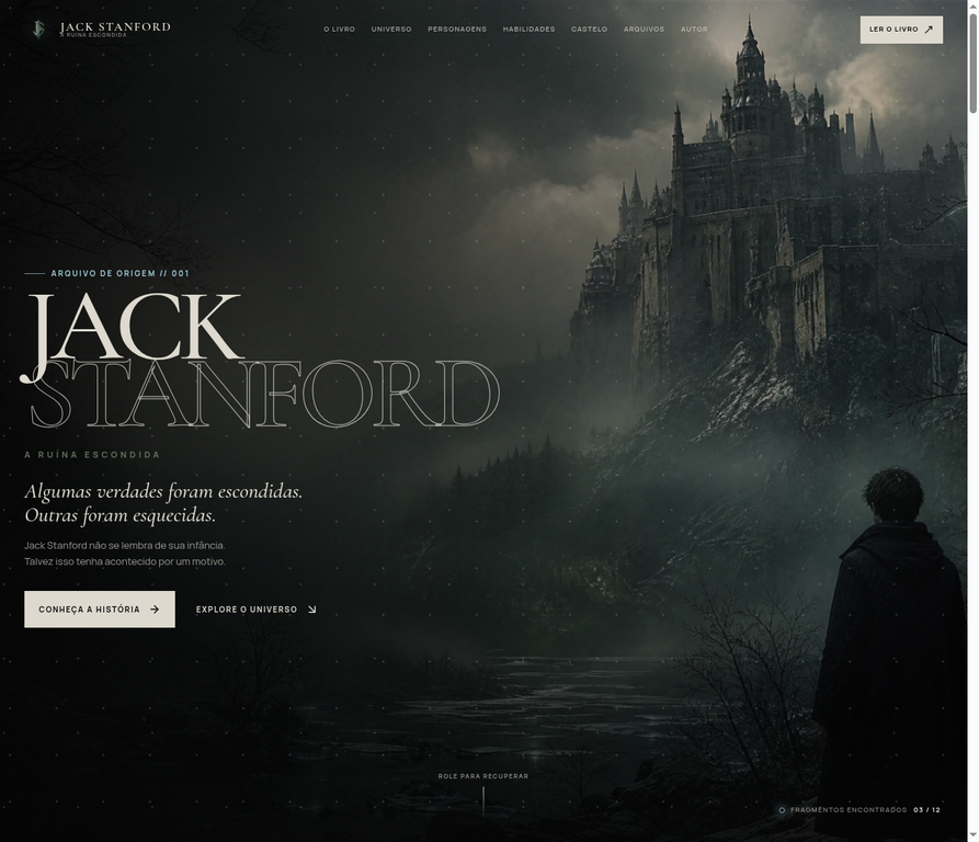 Apresentação do site Jack Stanford — A Ruína Escondida, com castelo sombrio e atmosfera de mistério.